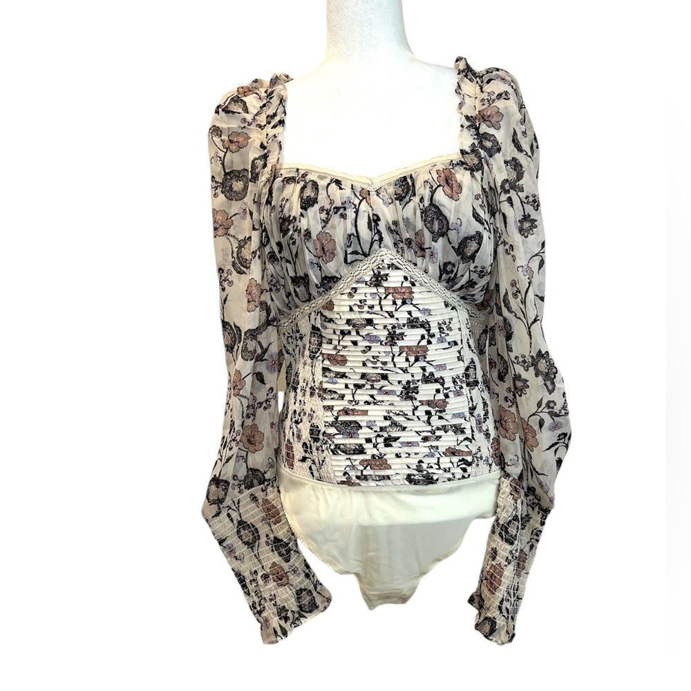 FREE PEOPLE Intimately Ivory Combo Brunch Date Floral Long Sleeve Bodysuit